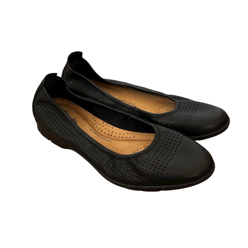 Clarks Black Jenette Ease Perforated Leather Flats Sz 6